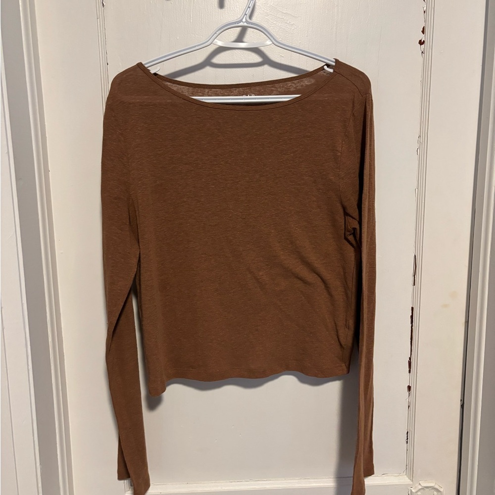 Gap Linen-Blend Boatneck Crop T-Shirt | Size Large Tall | Burnt Orange